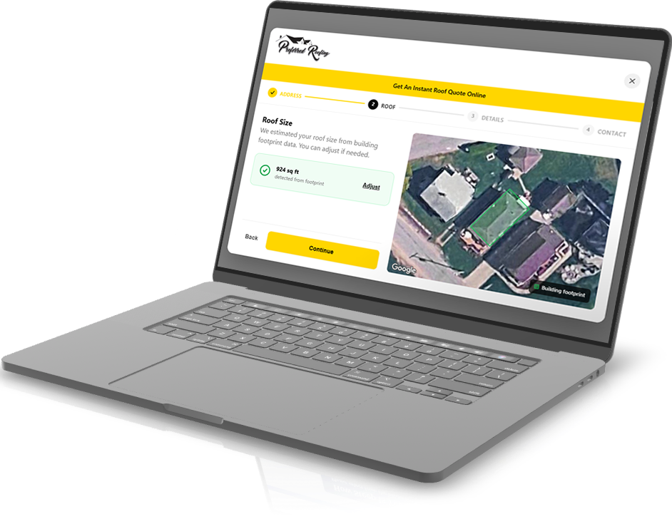 Laptop displaying an online roof size estimation tool with satellite imagery.